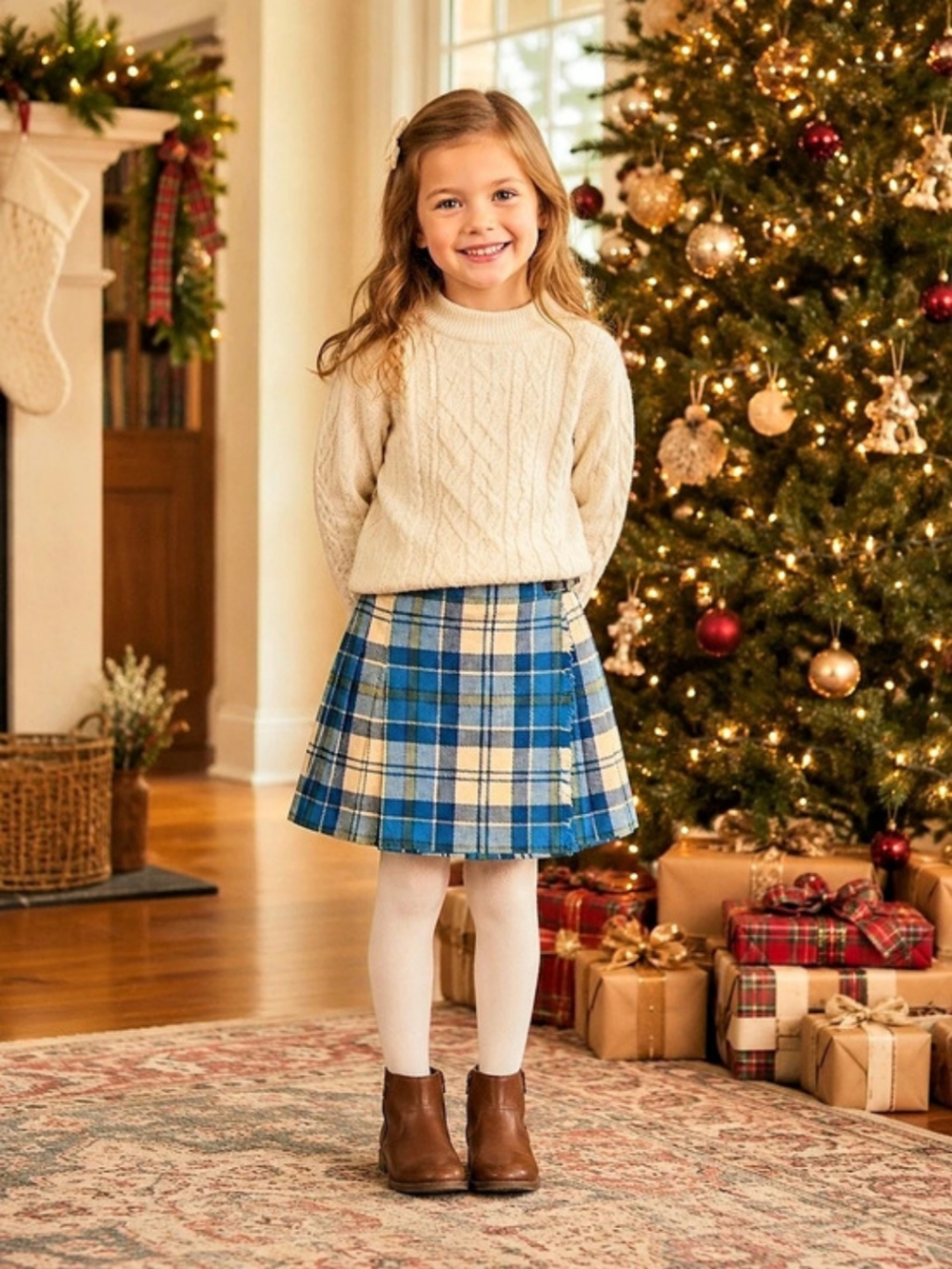 VTG Laird-Portch of Scotland Kids Wool Plaid Kilt Skirt Blue Green White